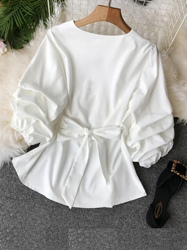 Women\'s Spring Summer Shirt Top New Fashion Shirt V-neck Three Quarter Bow Lacing Waist Pleated Top Shirt Blouse ML831