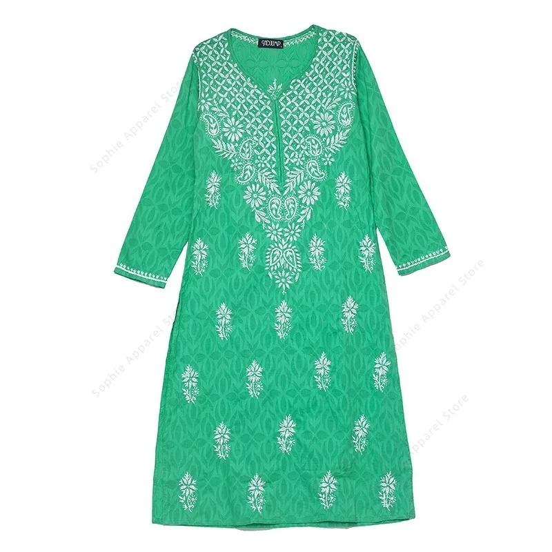 

Women's Embroidered Kurti Indian/Pakistani Tunic Top Spring Summer Thin Traditional South Asian Dress Top Green Blouse Cotton