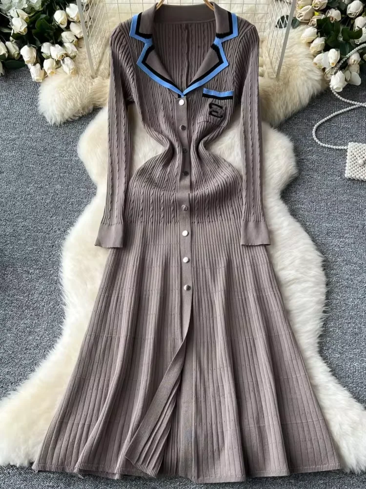 French Retro Knitted Long Dress for Women Single Breasted Letter Embroidery Slim Dresses Female Office Elegant Robes Autumn New