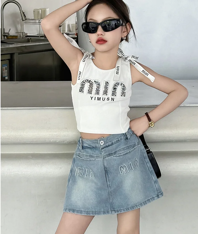 

New Baby Girls Summer Teenage Sets White T-shirt + Jean Skirts Princess Fashion Suits 5-12T