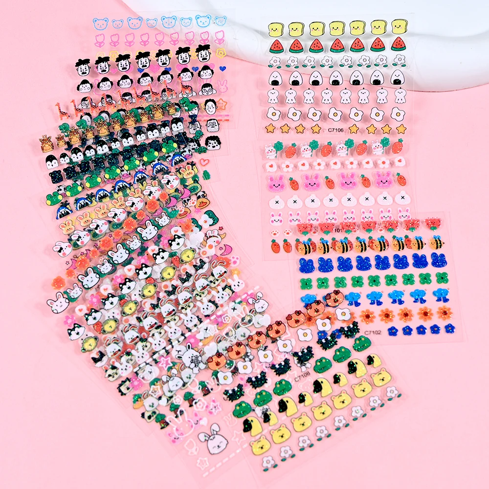 15pcs Kids Cartoon Nail Stickers Shiny Cute Flowers Animals Colorful Nail Accessory Ornaments DIY Decal Children Toy Girl Gifts