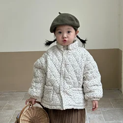 Children Clothing Korean Girls Winter Cotton-padded Coat with Fleece Thick Floral 2023 New Fashionable Winter Baby Cotton Jacket