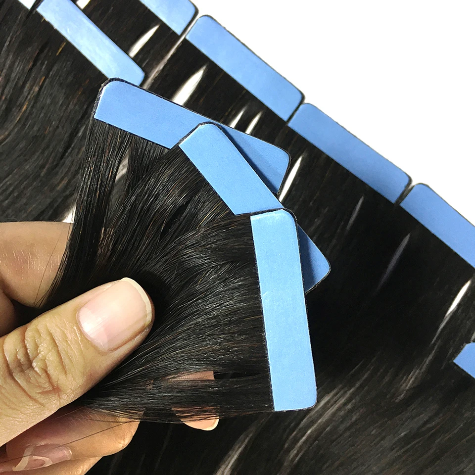 Fita preta em extensões de cabelo humano, 100% cabelo humano real, trama da pele, cola adesiva para o salão de beleza, alta qualidade, #1