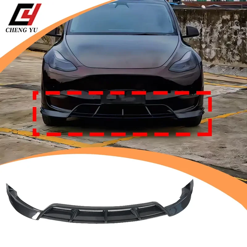 For Tesla Model Y 2018-2024 Carbon Fiber Look ABS Front Lip Cover with Built-in Insect Mesh High Performance Auto Body Kit
