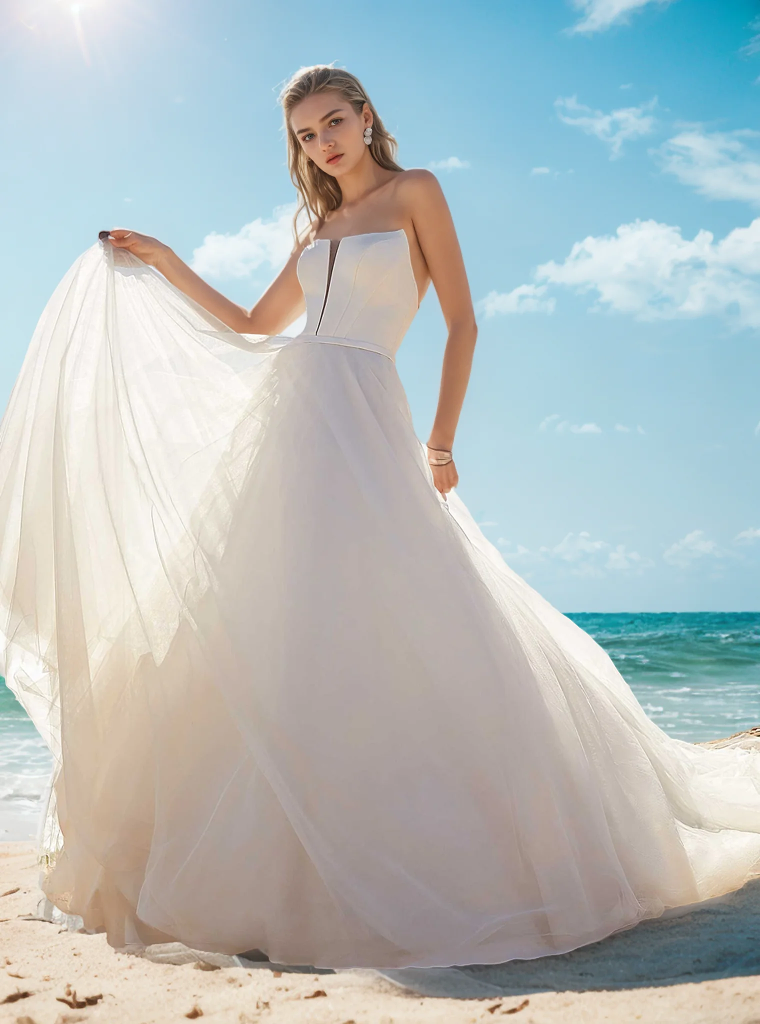 Элегантное свадебное платье трапециевидной формы для помолвки без бретелек, без рукавов, атласное со шлейфом, сексуальное современное пляжное свадебное платье 2025, бесплатно по индивидуальному заказу