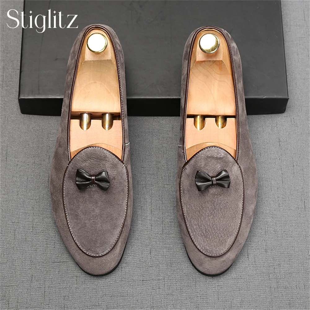 

Small Bow Suede Business Casual Shoes Men's Elegant British Style Suede Slip-On Shoes Comfortable Men Flat Shoes Daily Footwear