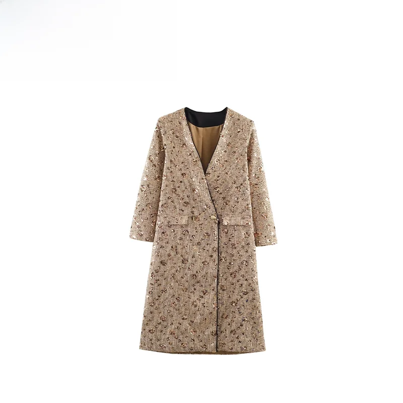 

Модное блестящее пальто из тонкой ткани ZR, осеннее, новое, женское, уличный стиль, из полиэфирного волокна, длинное, с V-образным вырезом, без капюшона, на осень-зиму