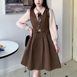 Spring Autumn New Women's Fashion Slim and Pleated Splicing Fake Two Pieces Long Sleeve Preppy Style Polo-Neck Bow Midi Dress