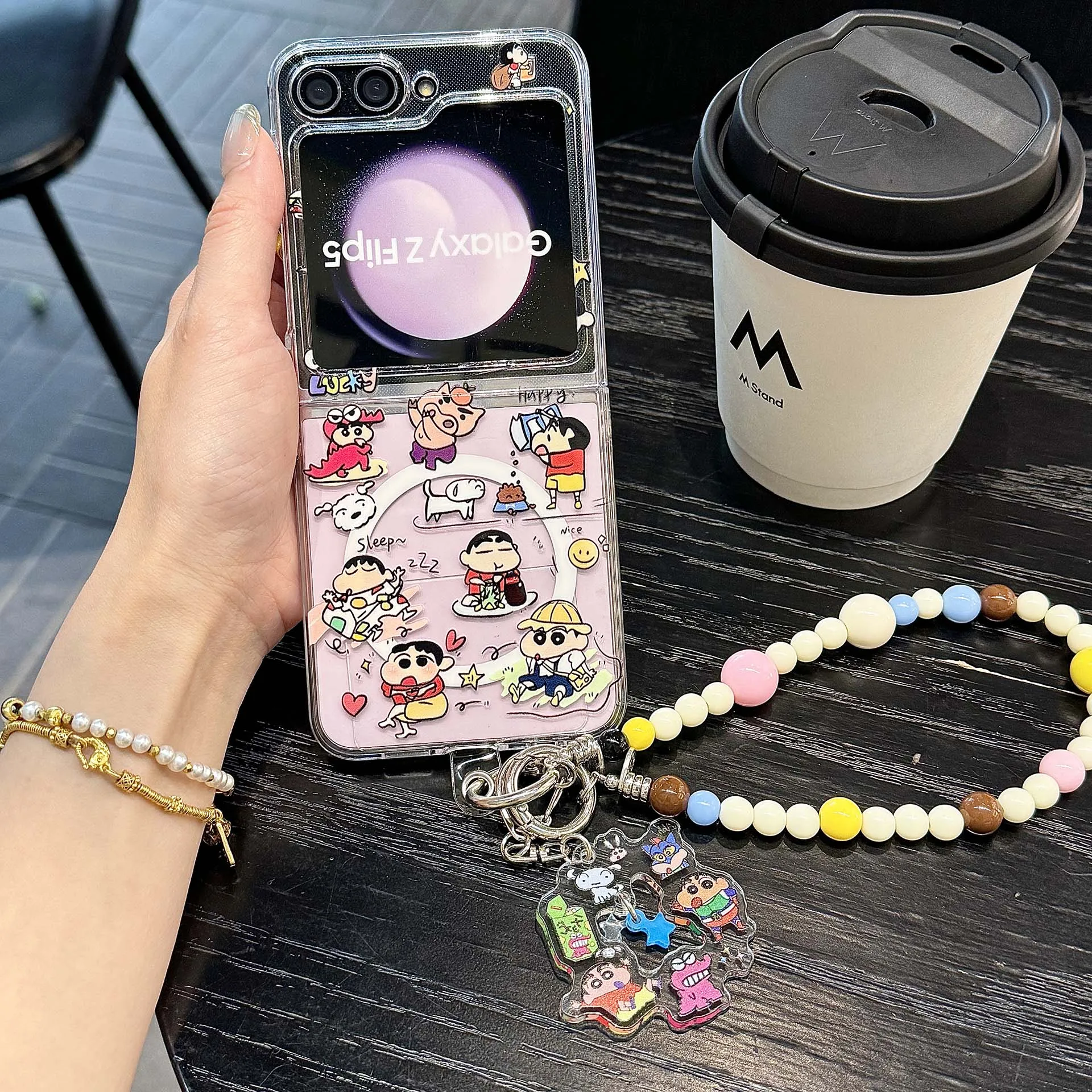 مجموعة من ثلاث قطع للتلوين شين تشان كارتون لطيف نمط شل قوس مع الحبل سامسونج غالاكسي ل Z Flip 7 Z Flip 6 Z Flip 5