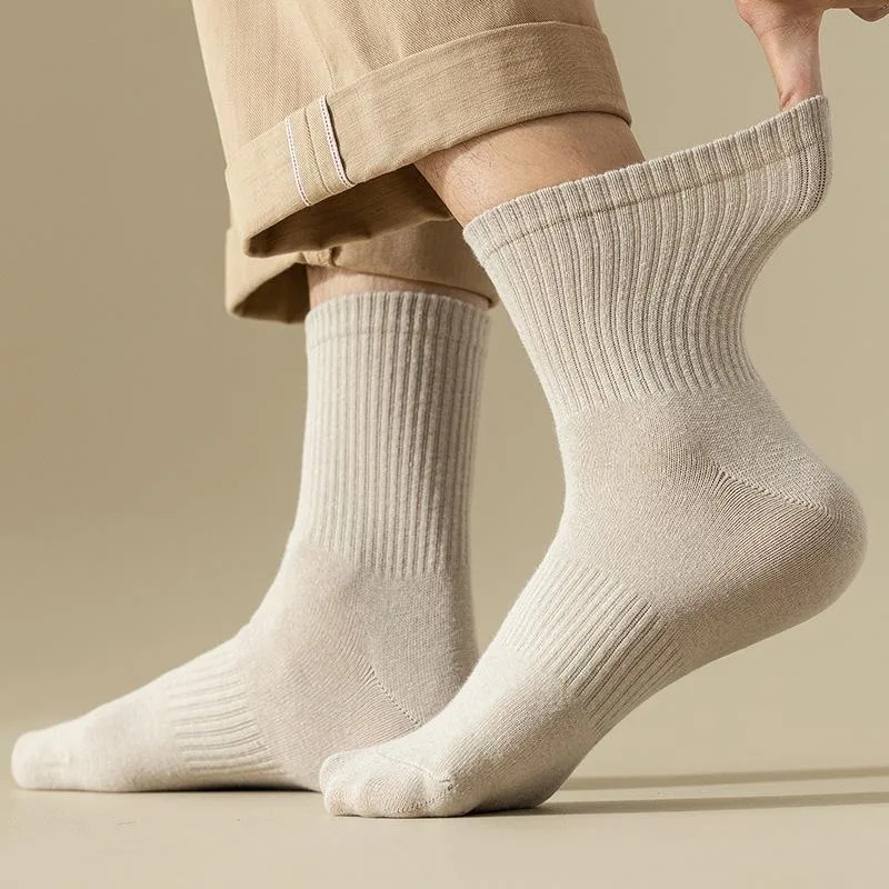 6 Pairs Men Mid‑Calf Socks Solid Neutral Tone Ribbed Knit Cotton Socks Soft Breathable Daily Wear Casual Men Socks