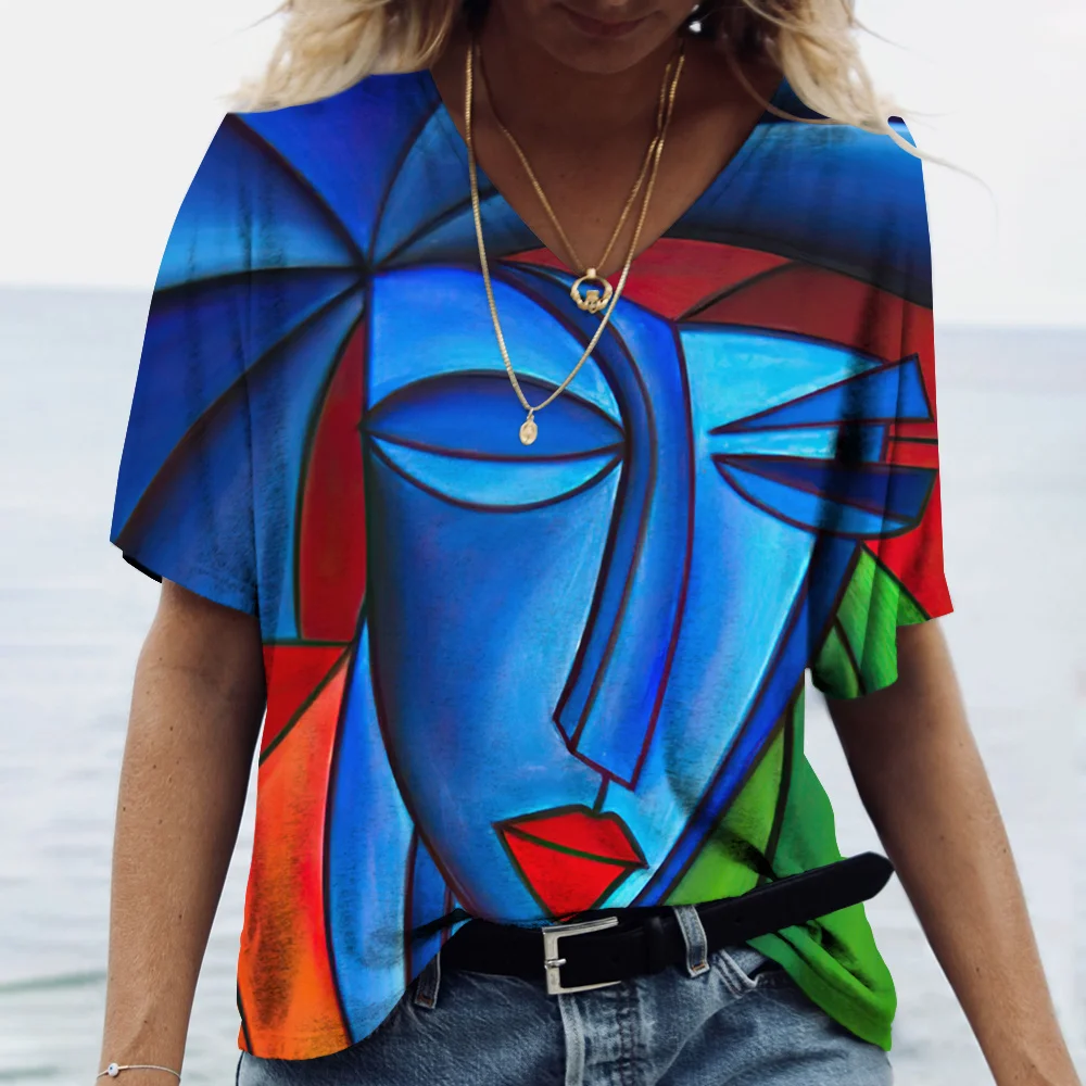 Vintage Women\'s T-shirt V-neck Fashion Top Abstract Face Print Street Style Oversized Shirt Everyday Casual Short Sleeve T-shirt