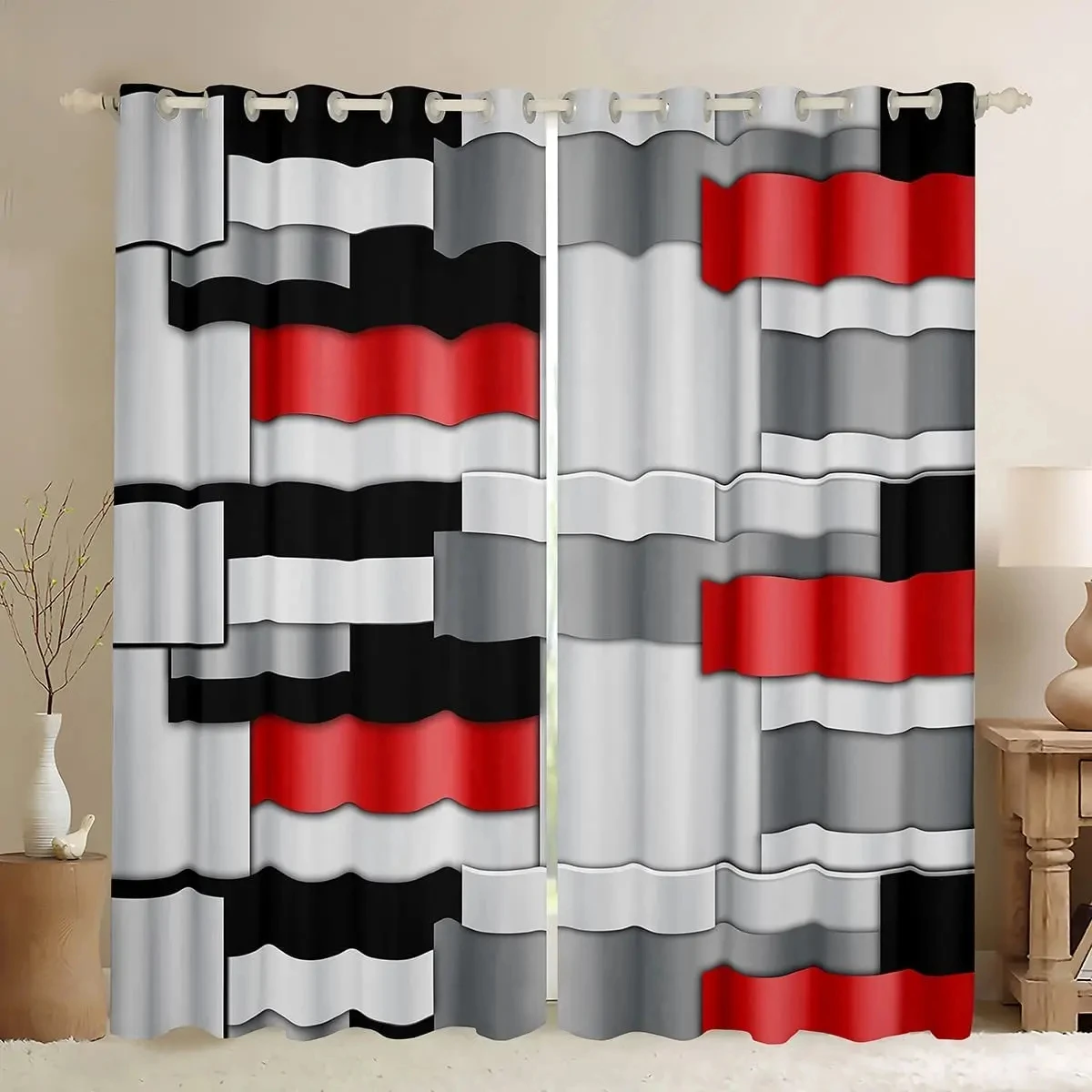 2pcs Red Black Grey Geometric Kitchen Curtains Rod Pocket Abstract Square Modern Kitchen Decor White Multicolor Checkered Patter