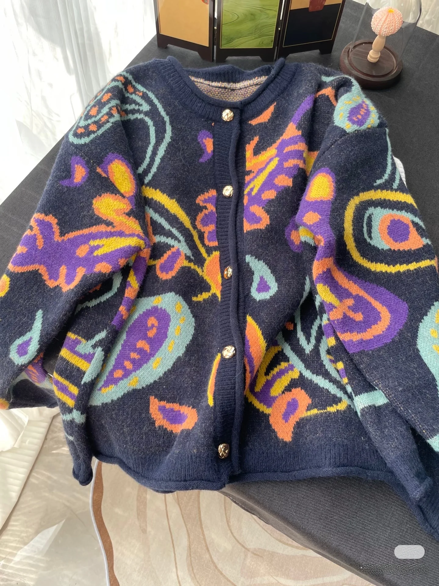 Maglieria retrò Inizio autunno Cardigan allentato inizio autunno Coreano Sle Pianta Fiore Modello rotondo Ne Cappotto con bottoni per le donne