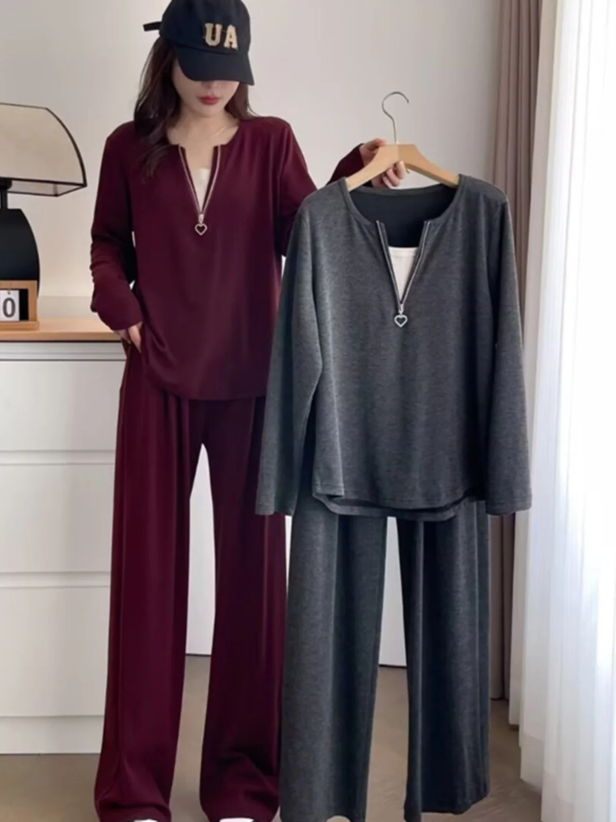 

plus Size Women's Autumn New Half Zip Splice T-shirt Slimming Meat Covering Set Casual Sports Sweatshirt Wide Leg Pants
