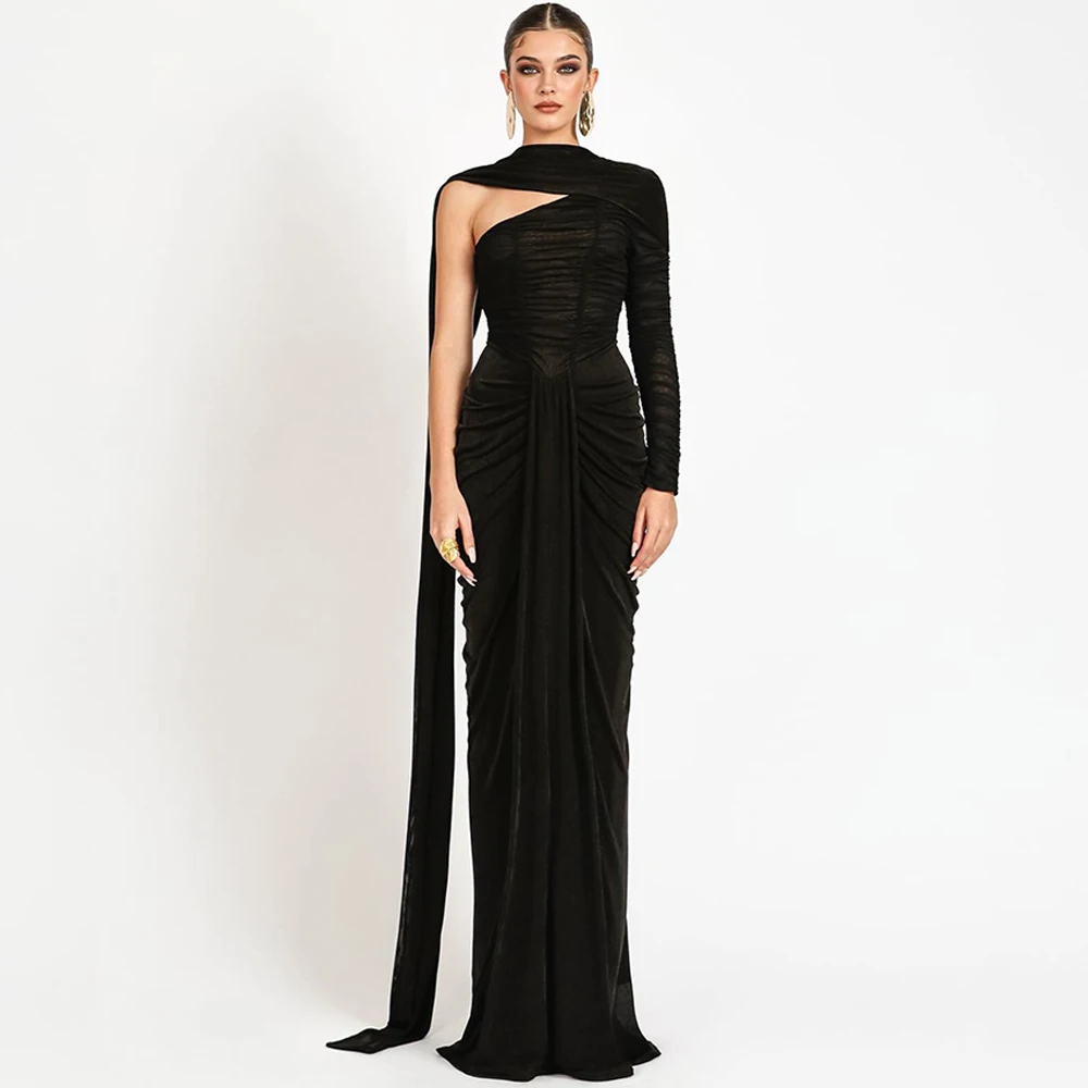 Robe de soirée classique, asymétrique épaule dénudée, manches longues, élégante, en Jersey, robes de bal, Train Watteau délicat, robes de célébrité personnalisées