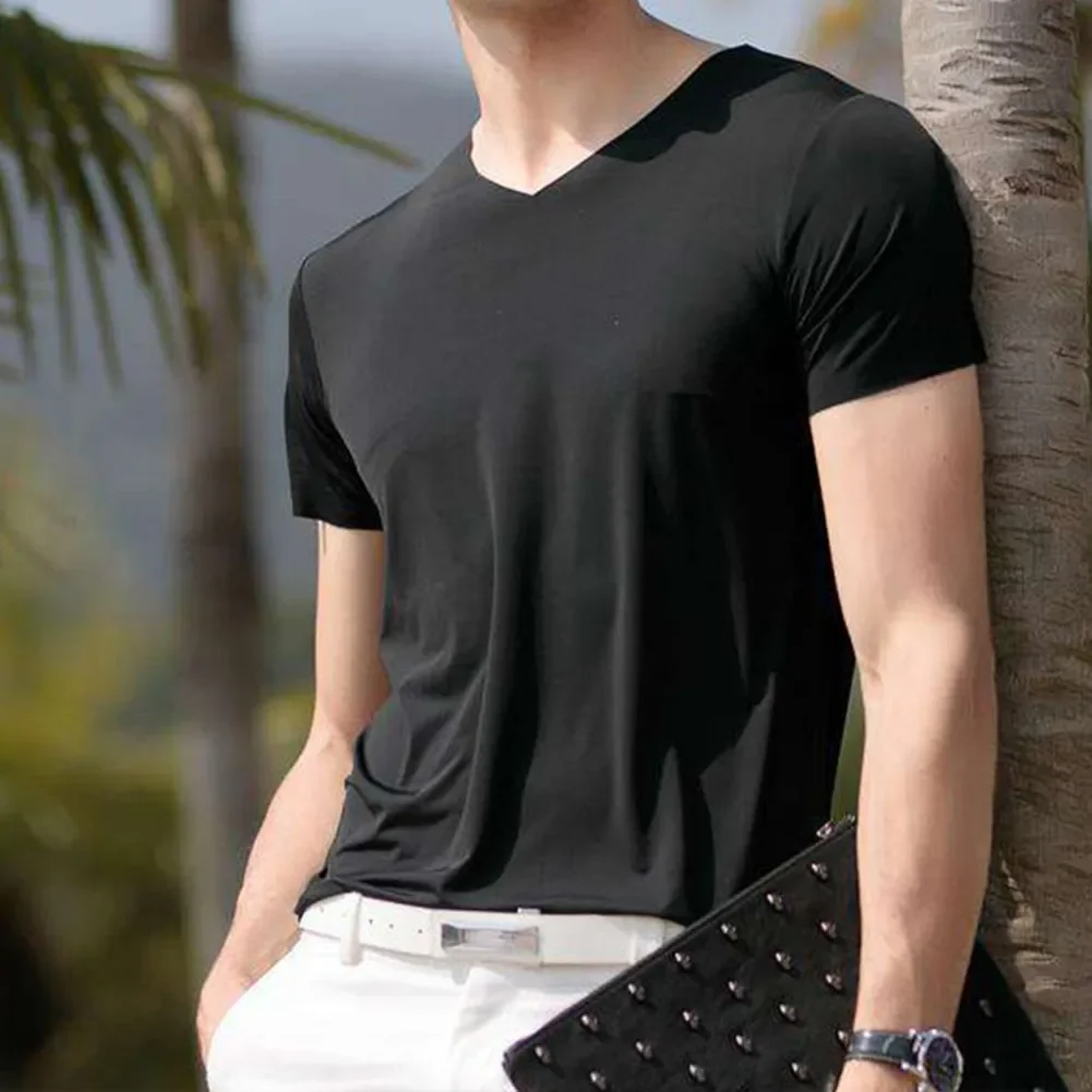 Summer Short Sleeve Men\'s Ice Silk Trackless T-shirts V-neck Slim Fit Casual Sport T-shirt Man Tees Tops