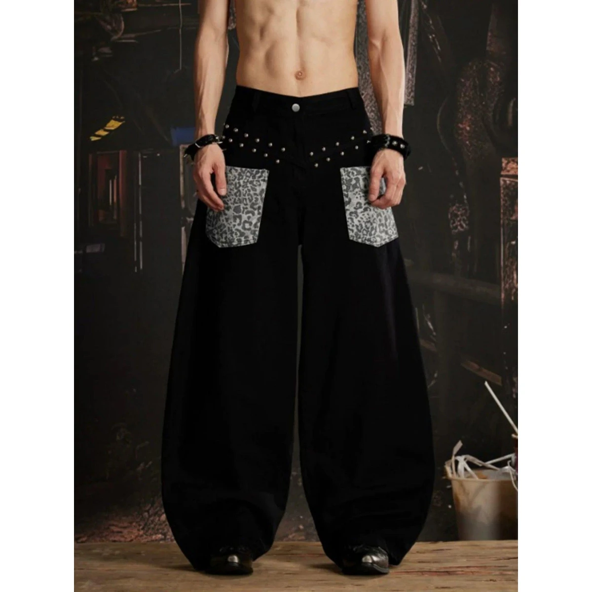 Neutal Style White Rivet Wide Leg Pants Leopard Print Music Festival Punk Personality Black High Waist Cotton Polyester Jeans