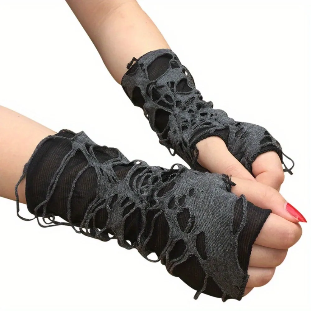 

Halloween Punk Black Ripped Gloves - Stretchy, Touchscreen-Compatible Cosplay Accessory for Women