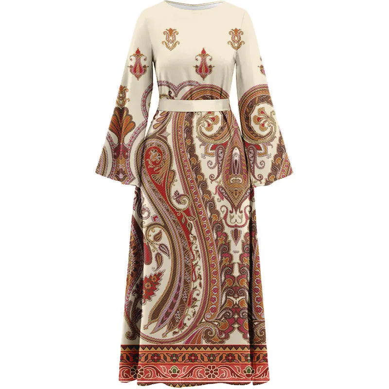 Summer New Vintage Print Dress Arabian Loose Women elegante Abaya abito da festa lungo fino al pavimento con cordoncino in vita Dubai Muslim maxidess