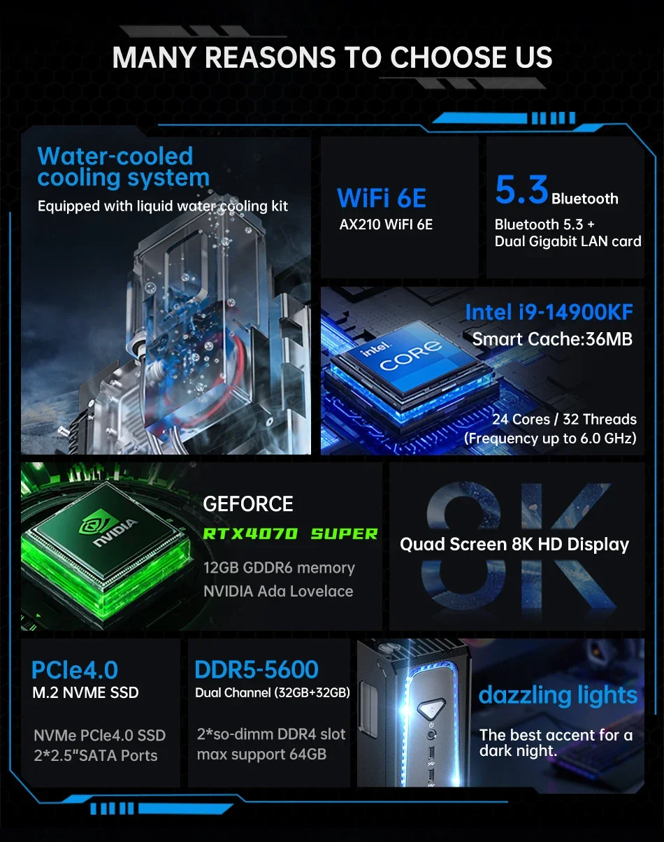 Мини-ПК с водяным охлаждением 14-го поколения для геймеров InteI i9 14900KF RTX 4070 RTX5070 12G PCIE4.0 2DDR5 Win11 4x4K WiFi6 BT5.3 Настольный компьютер