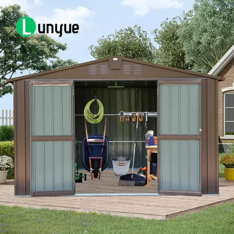242x301cm Outdoor Storage Shed Metal Waterproof Canopy Pergola with Lockable Double Door for Tools Bicycle Garden Furniture