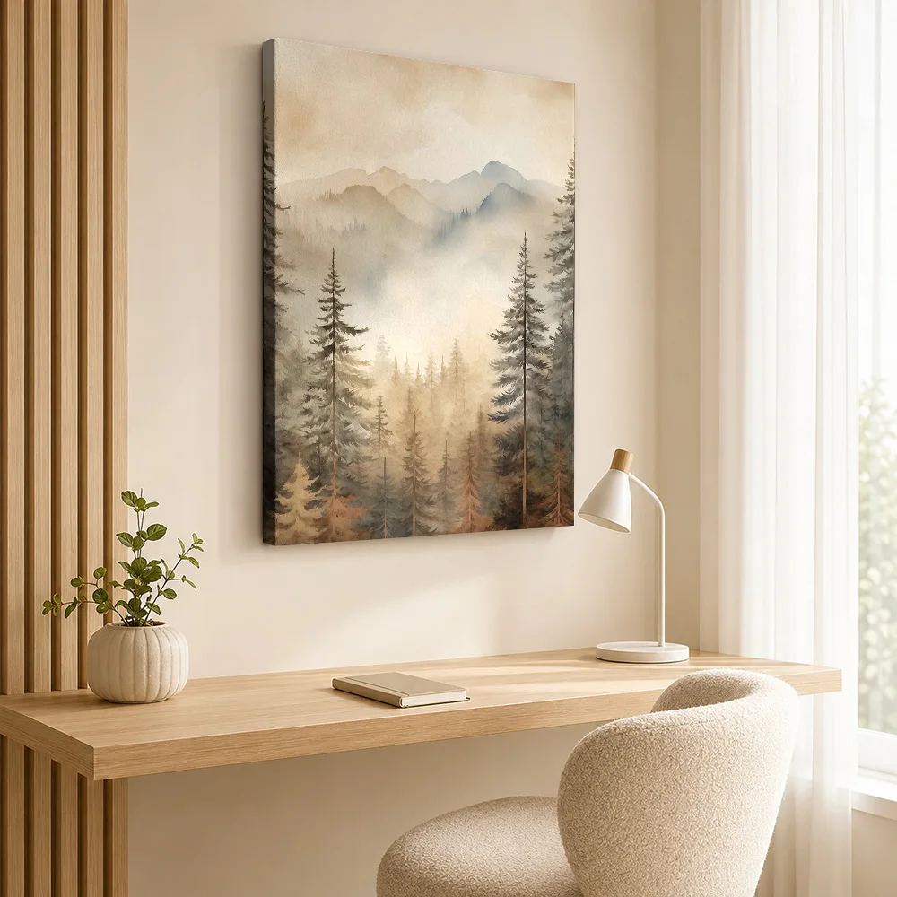 Mountain Forest Landscape Framed Canvas Print Personalized Photo Detailed Painterly Composition Wall Art For Lodge Reception
