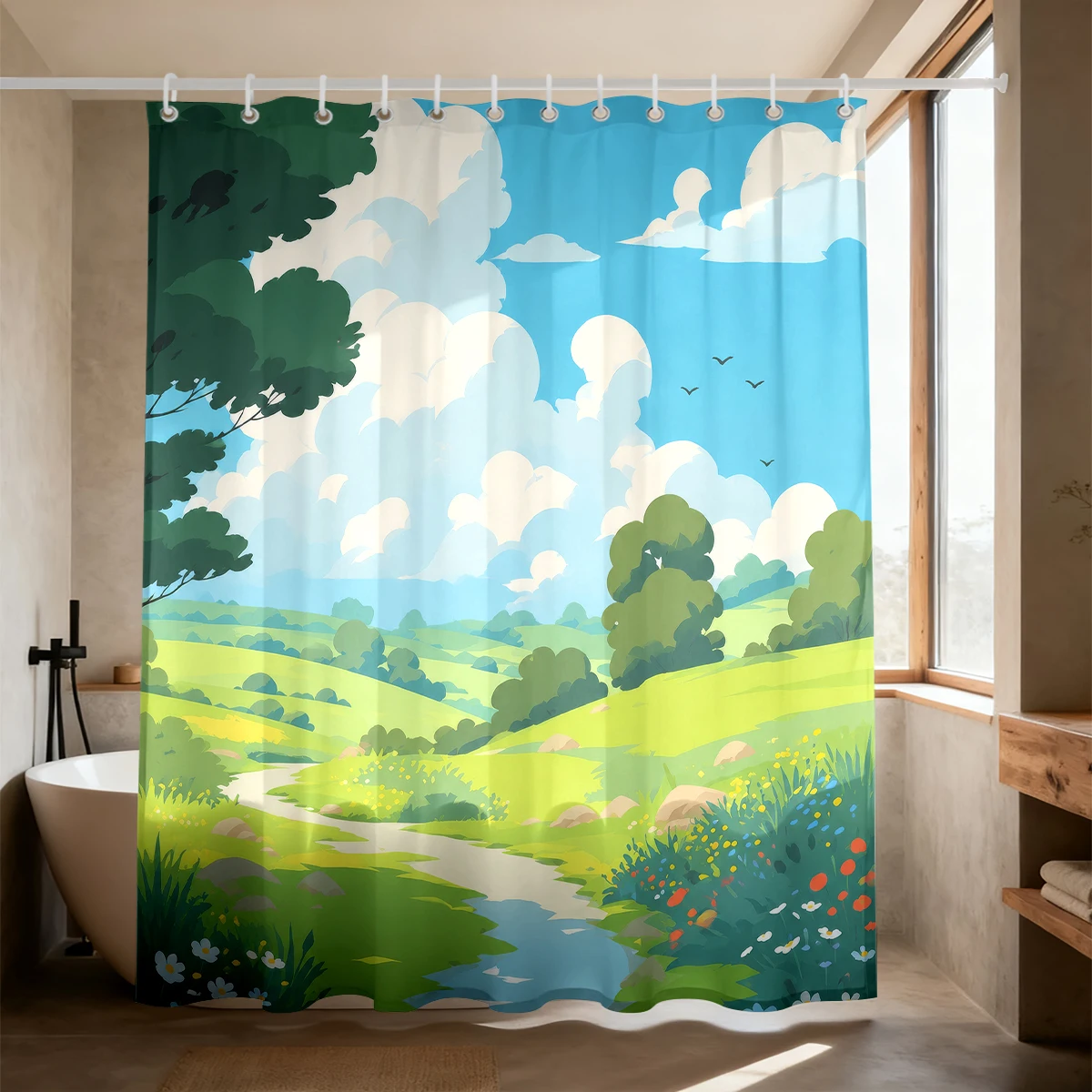 Cartoon Countryside Stream Flower and Grass Shower Curtain Waterproof Shower Curtain Partition Privacy Hanging Curtain