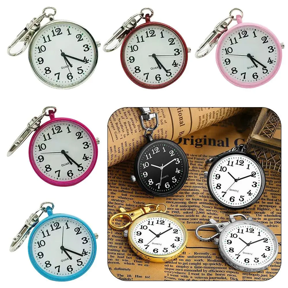 Large Dial Quartz Pocket Watches Luminous Dots Keyring Chest Watches Small Round Minimalist Design Pocket Watch Clock For Exams