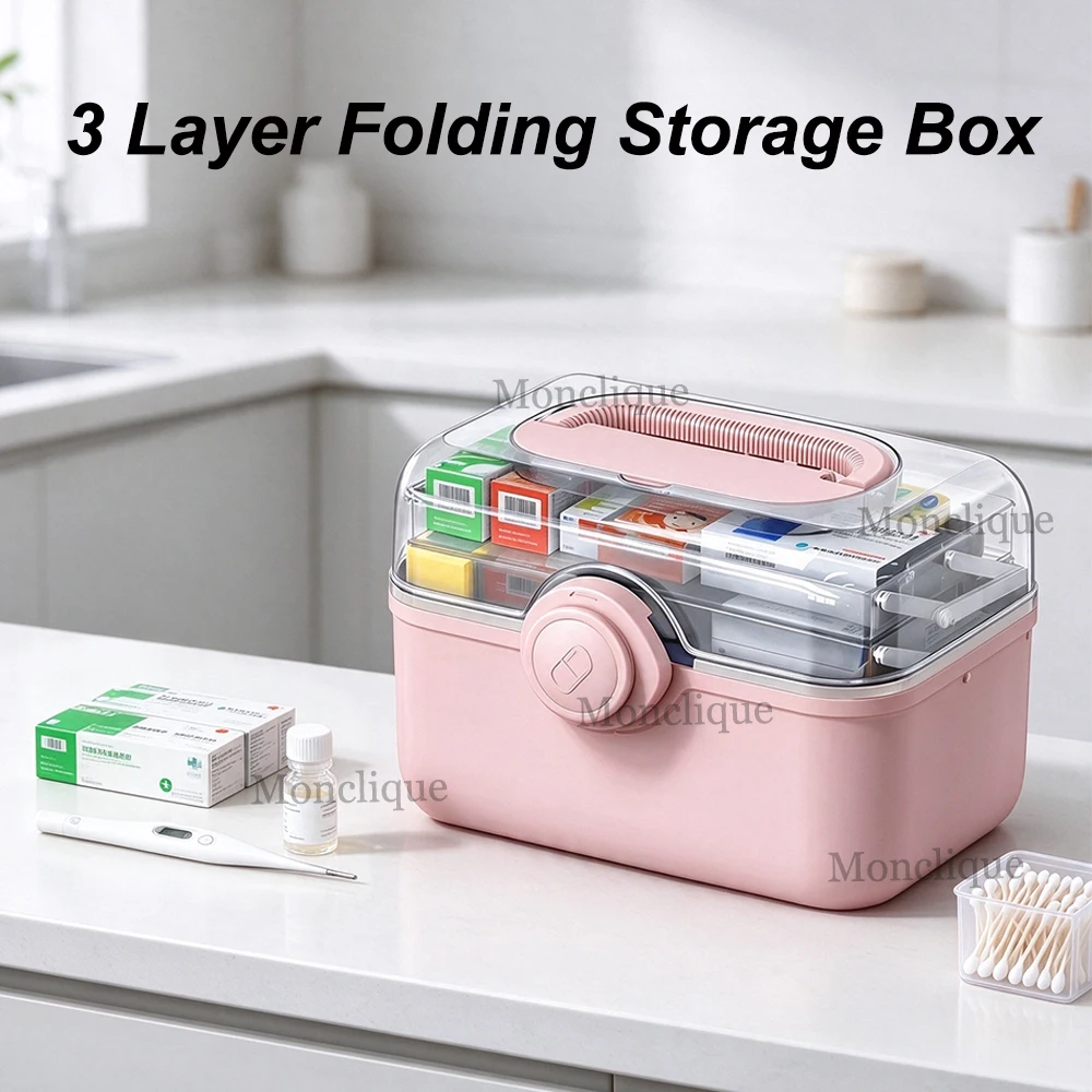 Medicine Storage Box Large Capacity 3-layer Folding First Aid Kit Portable With Transparent Dust Cover Family Daily Storage Box