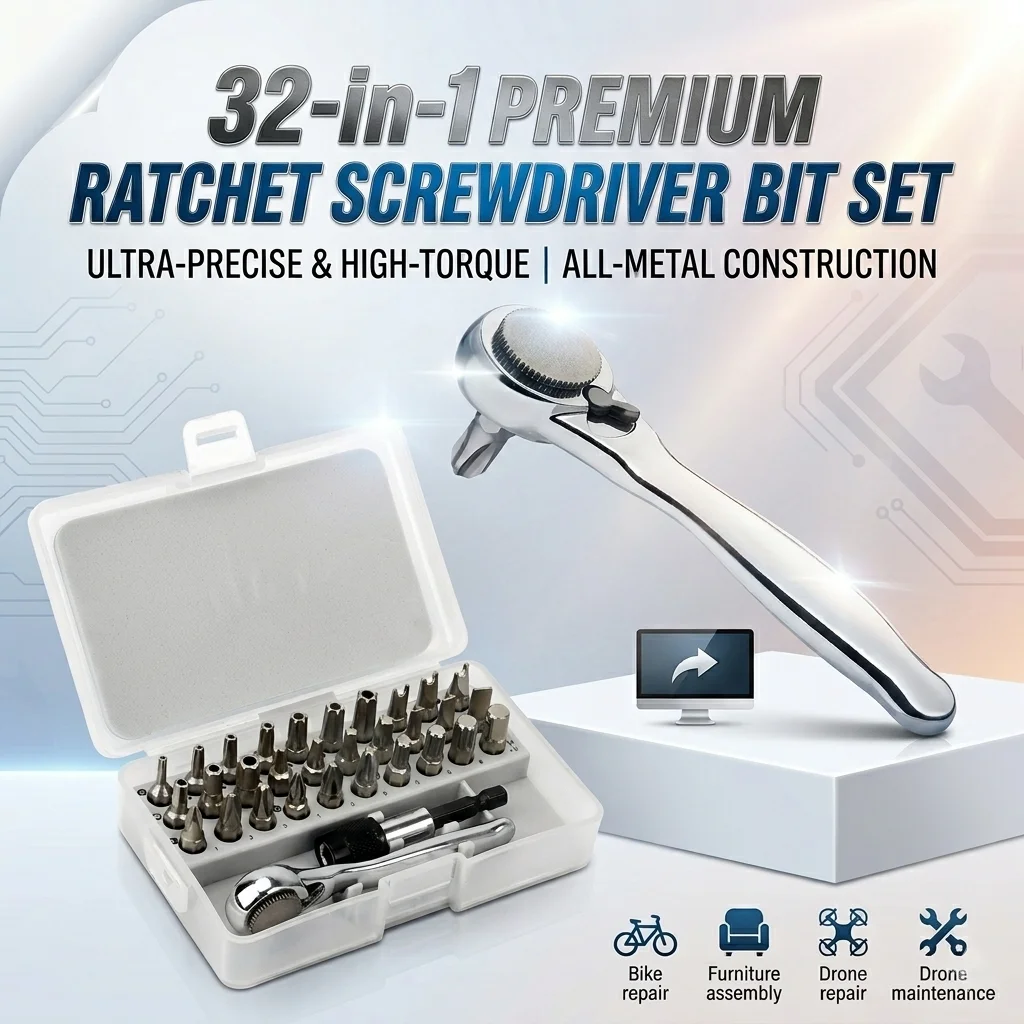 

Набор отверток-трещоток 32-в-1 с угловым смещением, адаптером для торцевых головок 1/4 дюйма и удлинителем для бит, мульти-набор бит