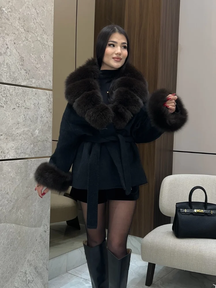 Women Wool Blend Coat Big Faux Fur Collar And Cuffs Belted Waist Wrap Loose Winter Jacket Thick Warm Elegant Ladies Outerwear