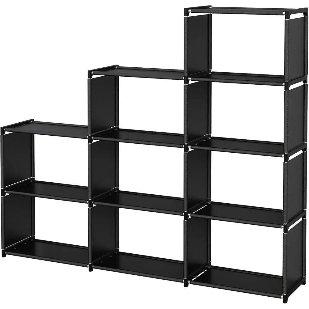 Vertical 9-Cube Storage Unit for Books and Decor, Dual-Tiered Black Shelving Rack for Living Spaces