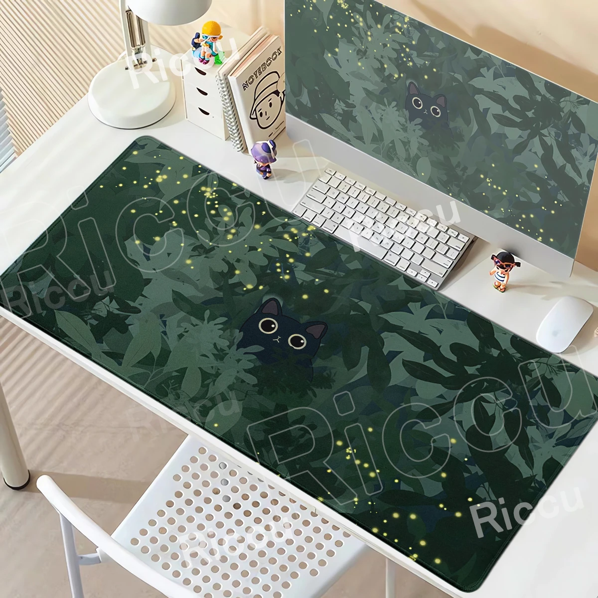 XXL Kawaii Schwarze Katze Grüne Pflanzen Mauspad Anime PC Gamer Schreibtischunterlage Tastaturteppich Computer Gaming Zubehör Spielmatte