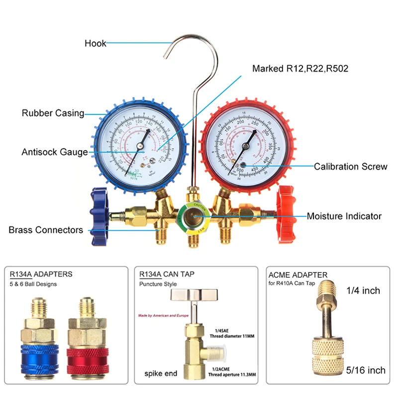 Manifold Gauge Set HVAC A/C Refrigeration Charging Service with Hoses Adjustable Couplers Adapter Can Tap R410A R22 R134a R404A