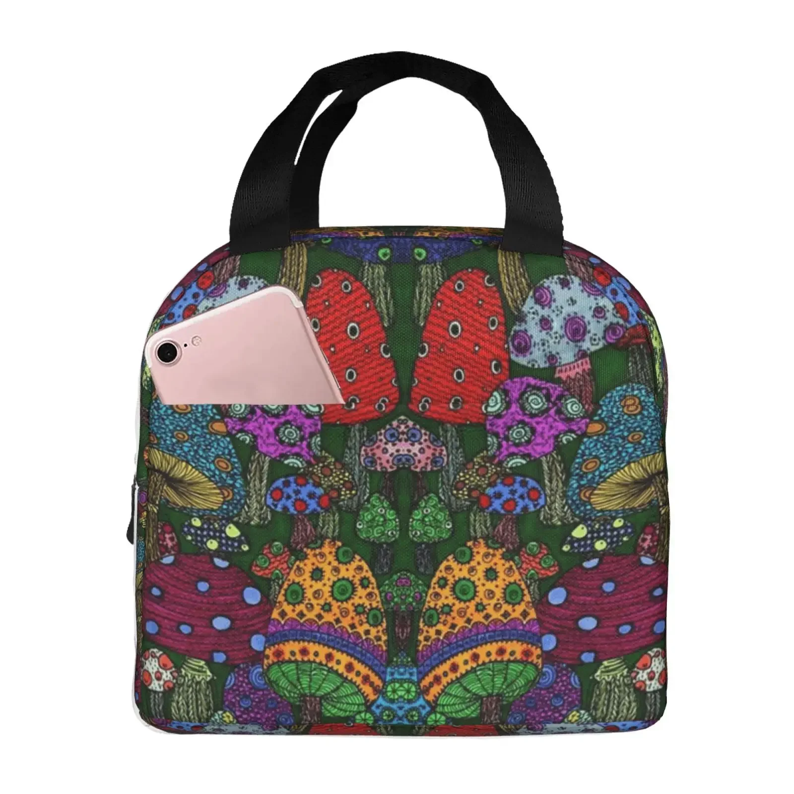 Psychedelic Mushroom Print Lunch Bag For Girls Funny Lunch Box Fun Picnic Cooler Bag Portable Zipper Oxford Thermal Lunch Bags