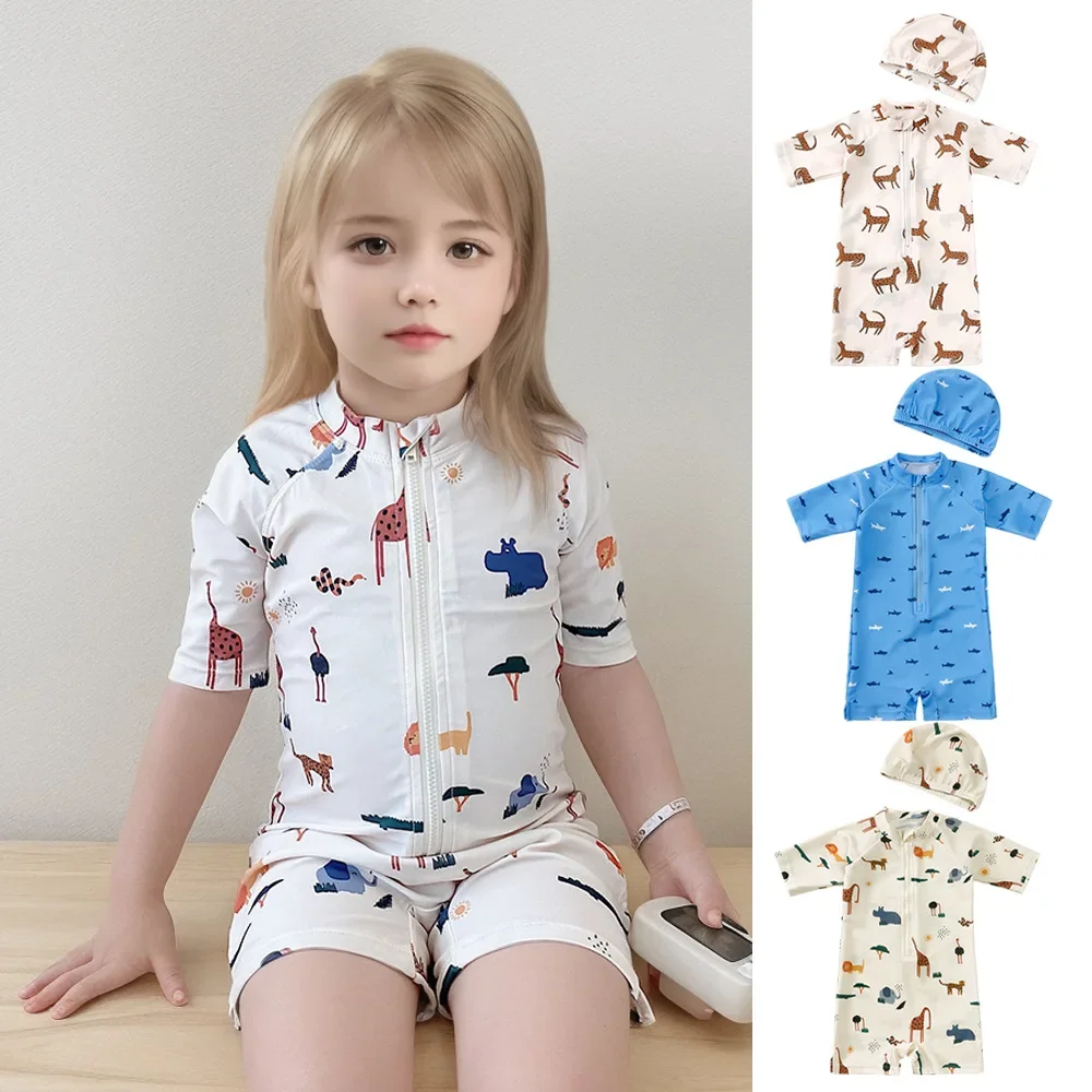 

SwimmyCubs Boys Baby One-piece Swimsuit New Summer Beach Vacation Quick-dry Swimsuit Children Sunscreen Swimsuit Swim Cap