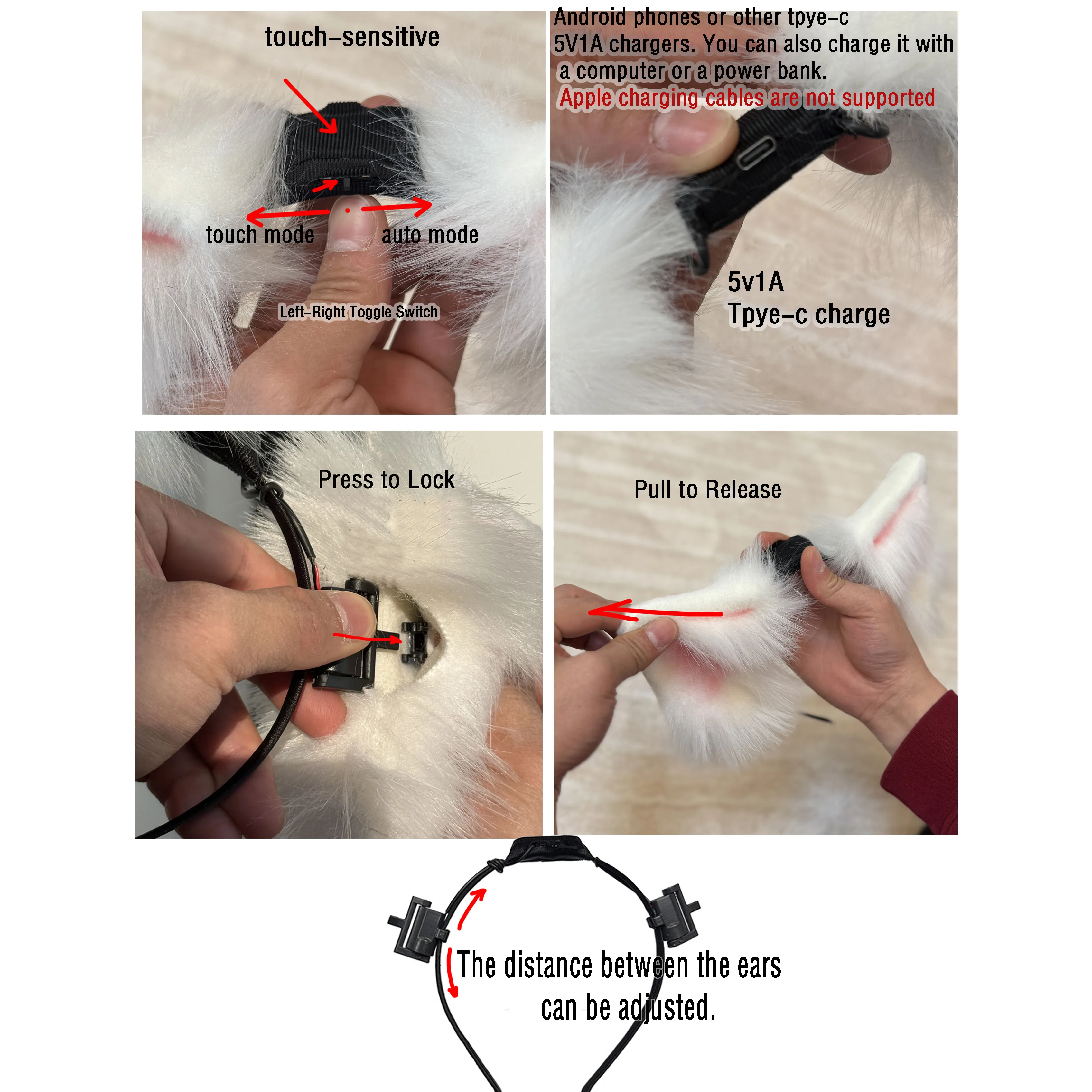 Electric Ear Motorized Ear for Cosplay&Paty fluffy and soft social anxiety accessories Electric Pet cat fox/ wolf Ear