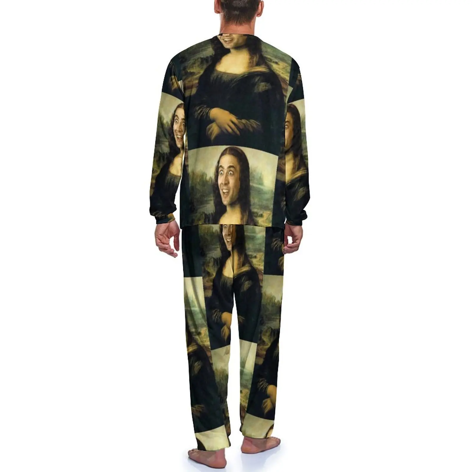 Nicolas Cage Meme Pajamas Mens Funny Mona Lisa Cool Home Suit Daily Long Sleeve 2 Piece Leisure Pattern Pajama Sets