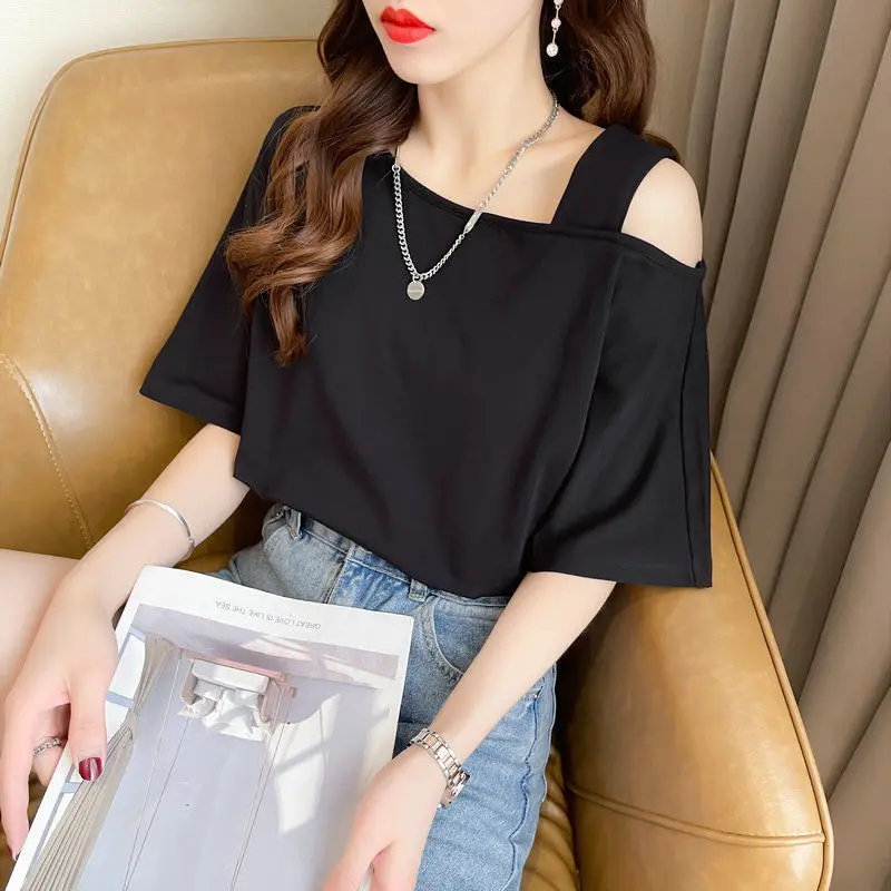 Off Shoulder White Loose T Shirts Summer New Short Sleeve Solid Color All-match Casual Tops Tees Fashion Trend Women Clothing