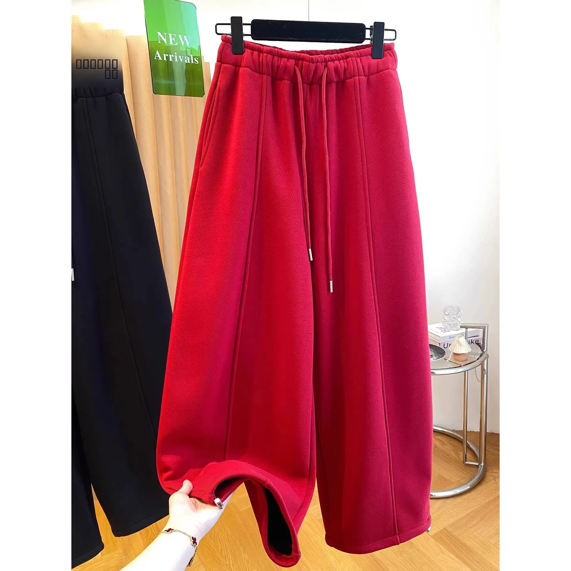 

Thiened Fce Wide Leg Pants Loose Casual Warm Straight Cut Trousers Autumn Winter plus Size Men's Clothing Polyester Fiber