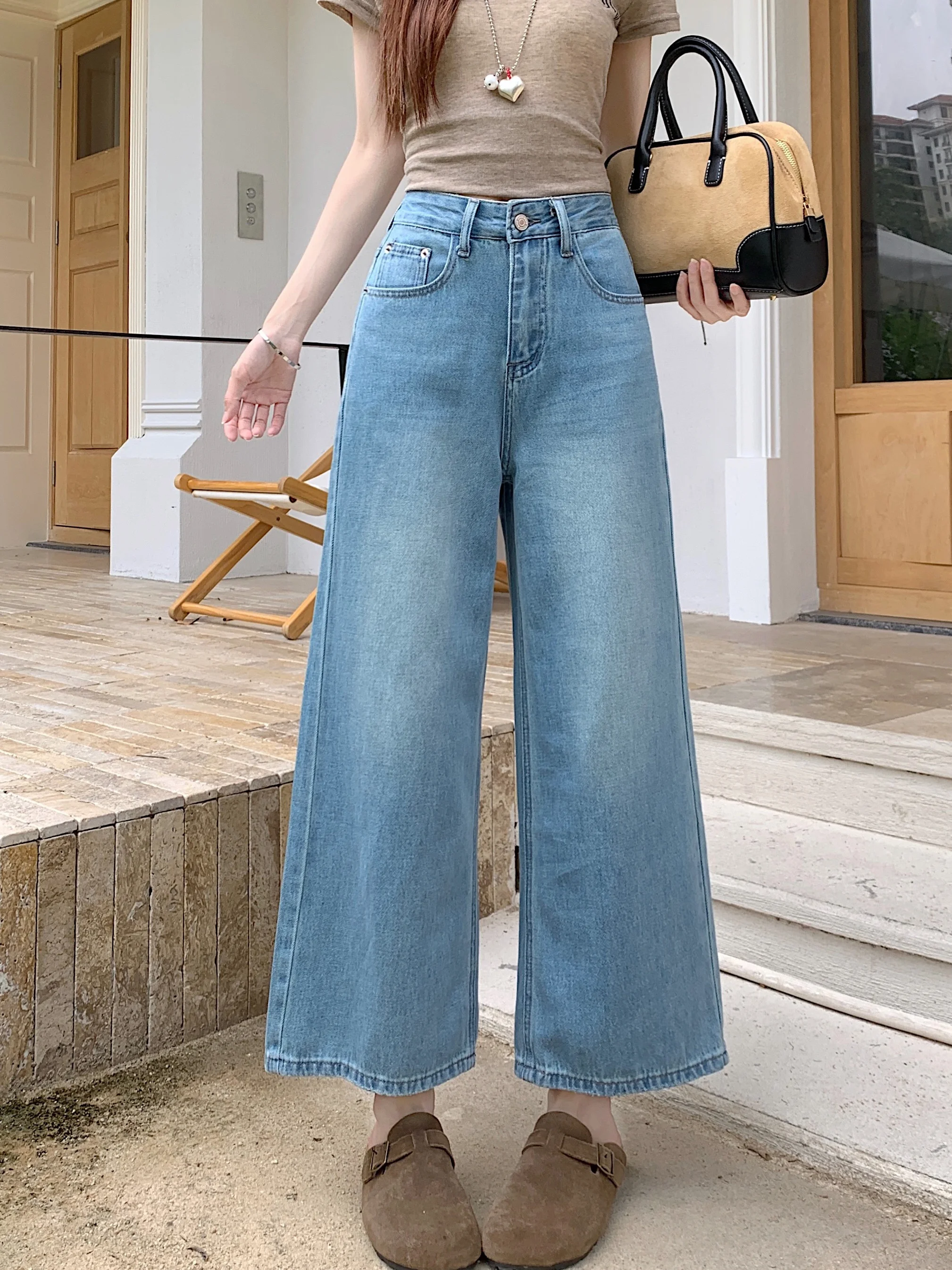 

Женские джинсы в стиле ретро, синие, с эффектом потертости, свободные, широкие, с высокой талией, из денима, модные повседневные брюки для весеннего сезона