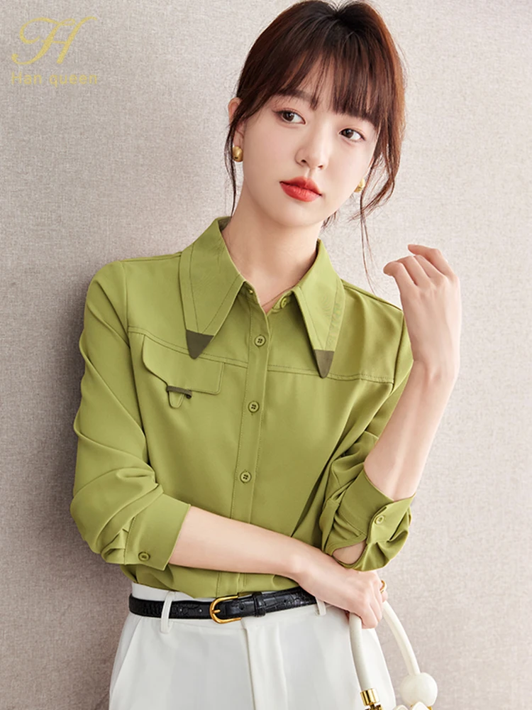 H Han Queen Spring Autumn Elegant Simple Single-Breasted Chiffon Women\'s Blouse Korean Loose Casual Vintage Shirts Office Tops