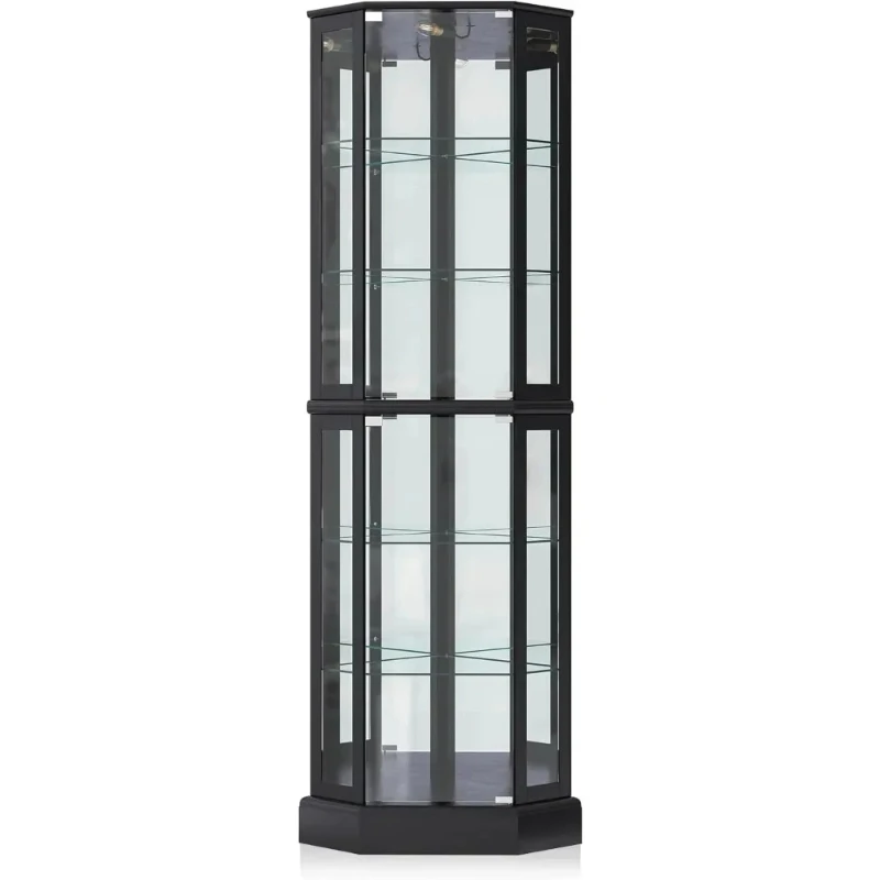 

Lighted 3-Side Glass Display Curio Cabinet with Tempered Glass Doors and Shelves, Curved Wood Corner Cabinet with Bulb