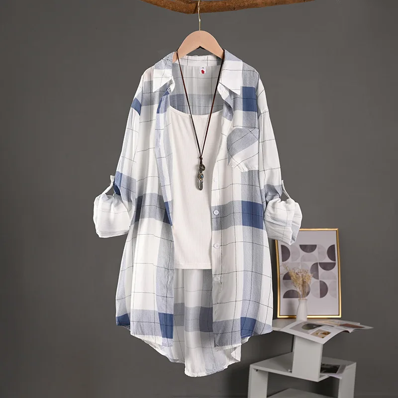 Koszula w kratę średniej długości, duży rozmiar, luźna, zakrywająca biodra, koszula przeciwsłoneczna, casualowa bluzka, koszula z długim rękawem, cienka kurtka, odzież damska plus size.