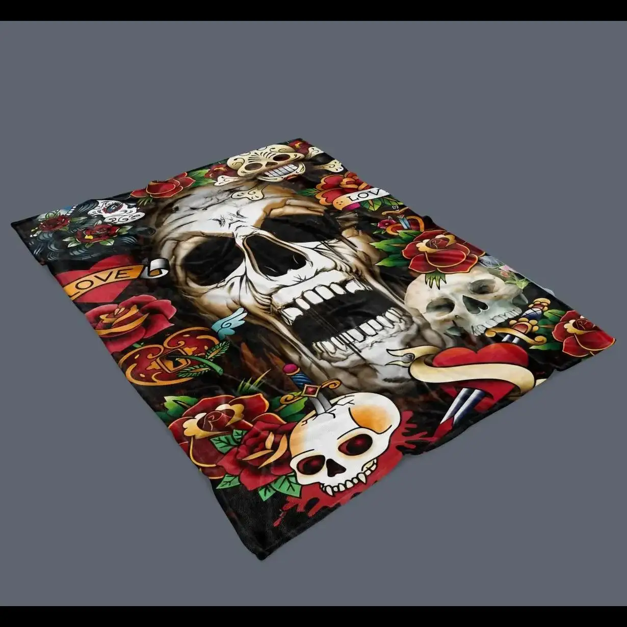 

Плед из черной фланели с черепами и красными цветами в стиле Death Style, мягкий и теплый, для дивана, кровати, офиса, путешествий, сна, подарок, домашний декор