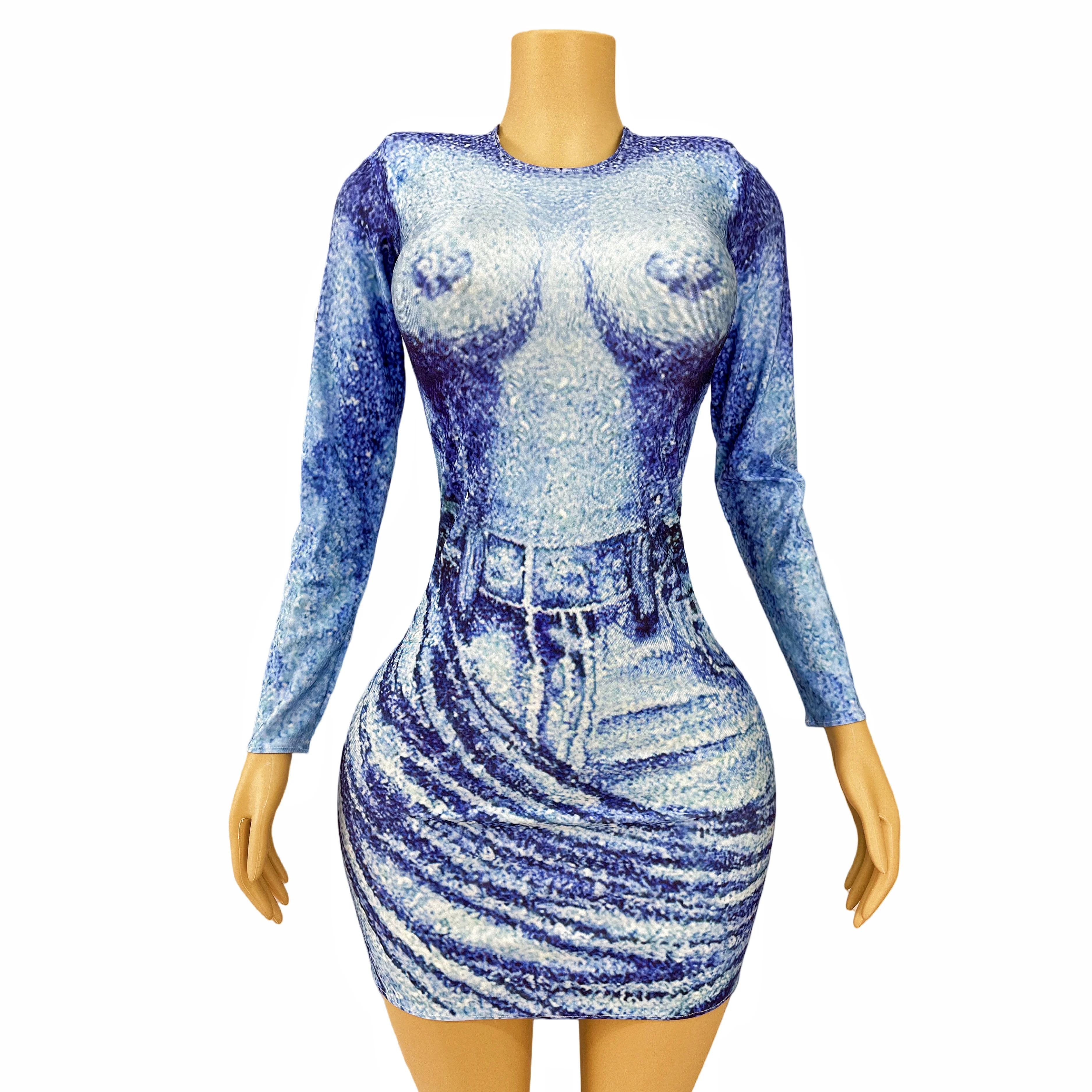 

New Jean Dress Pattern Design Trim Fit Simple Style Short Dress Women Singer Dancer Peform Costume Party Show Outfit Lanniuzai