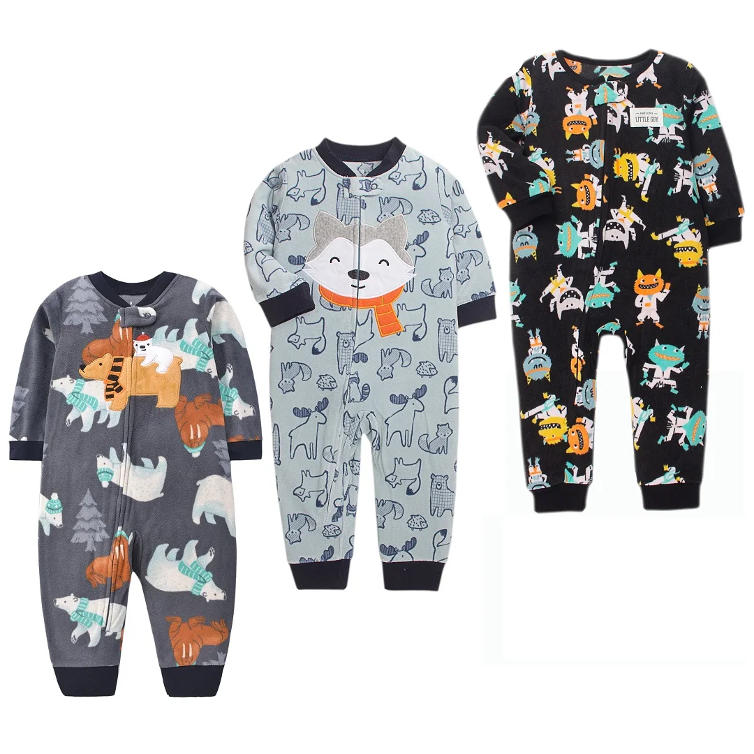 Infant Baby Boys Romper Spring Autumn Fleece Long Sleeve Jumpsuit Animals Print Warm Overalls Kids Pajamas Children Clothing