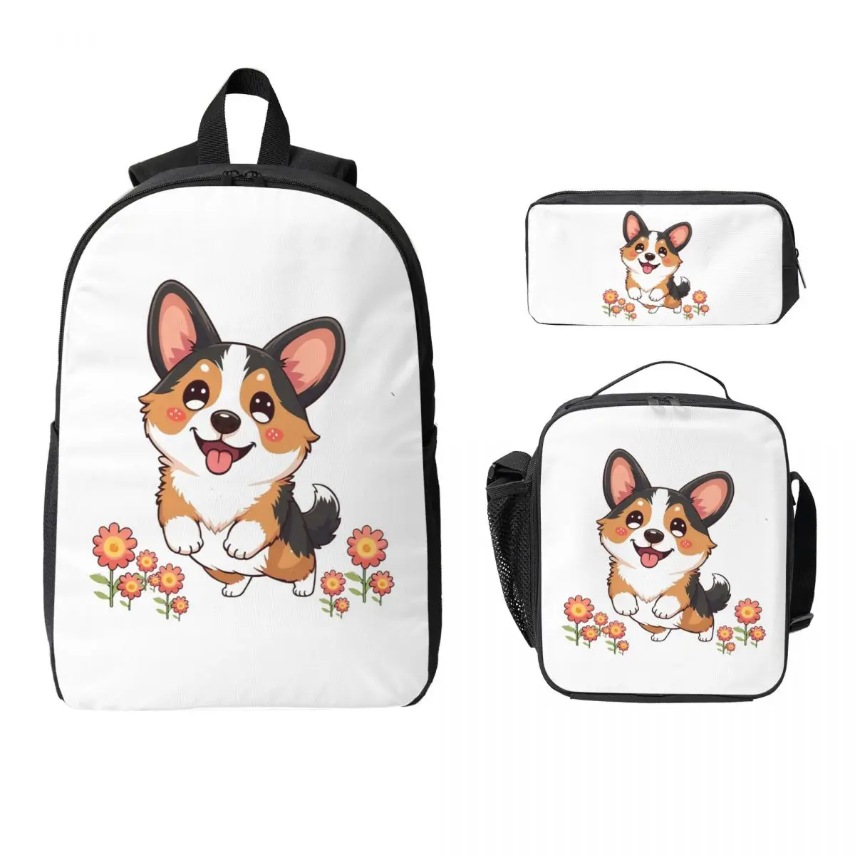 

Kawaii Tricolor Corgi In The Garden Backpack BookBag School Bag Laptop Shoulder Bags 3ps Insulated Lunch Bag Pencil Case