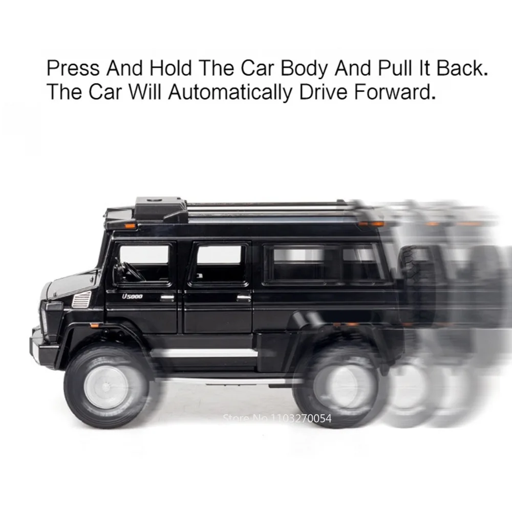 1:28 UNIMOG U5000 SUV X-Class 6X6 Giocattolo Modello di Auto Pressofuso In Lega di Veicoli Porte Aperta Suono Luce Tirare Indietro Oggetti Da Collezione Decorazione
