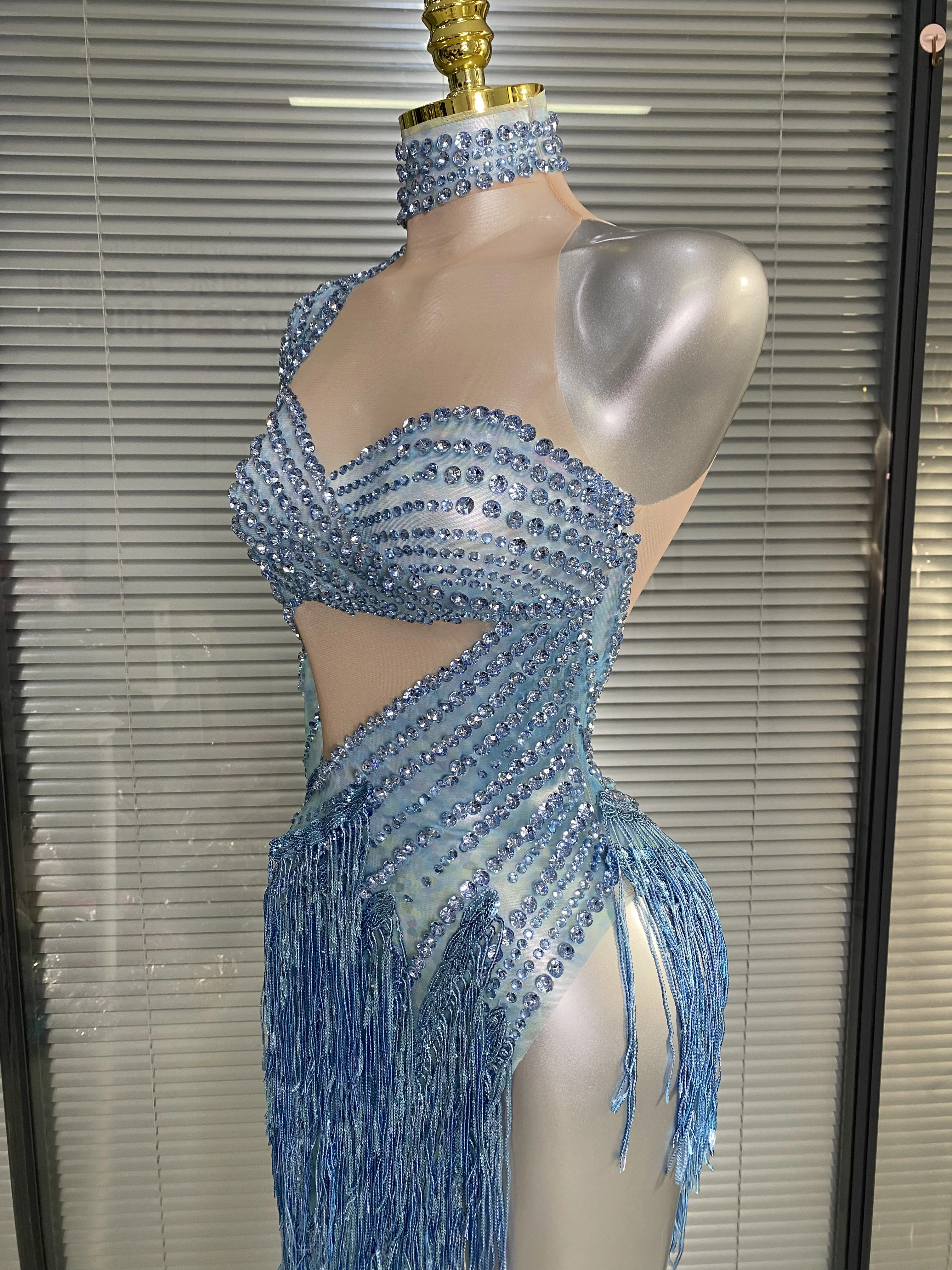Women Sexy Sparkly Rhinestone Tassels Blue Mesh See Through High Split Short Birthday Dress Party Nightclub Performance Costume view 5